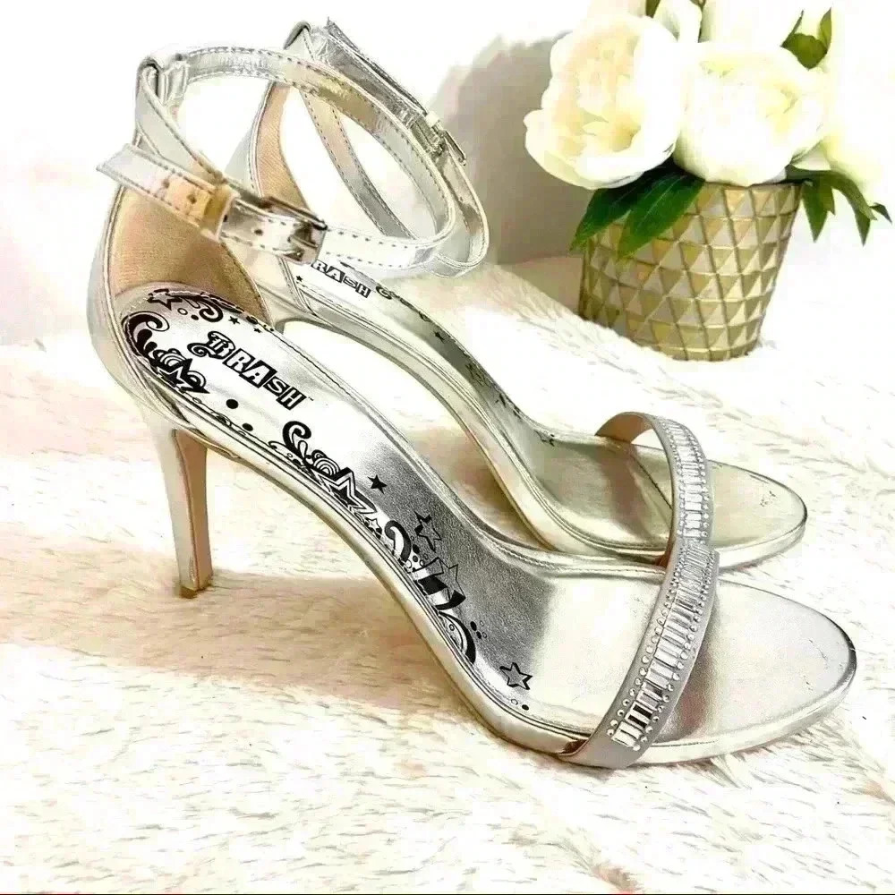 Brash Silver Open Toe Lattice Heeled Sandals